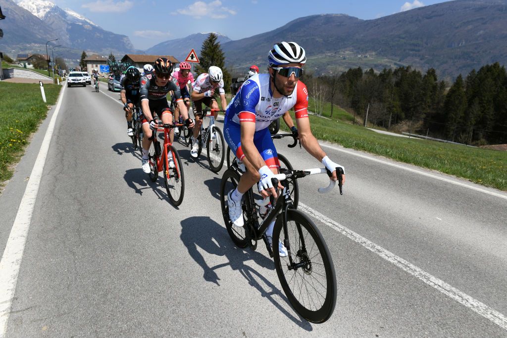 RIVA DEL GARDA ITALY APRIL 23 Thibaut Pinot of France and Team Groupama FDJ the Breakaway during the 44th Tour of the Alps 2021 Stage 5 a 1209km stage from Valle del Chiese Idroland to Riva del Garda TourofTheAlps TouroftheAlps on April 23 2021 in Riva del Garda Italy Photo by Tim de WaeleGetty Images