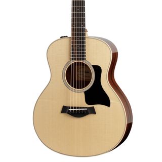 An angled shot of the body of a Taylor GS-Mini acoustic guitar on a white background