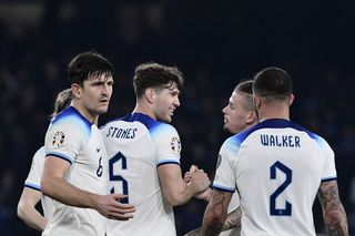 England squad England's players celebrate at the end of the UEFA EURO 2024 Qualifying Round Group C football match between Italy and England at Diego Armando Maradona Stadium in Naples, Italy on March 23, 2023. England defeated Italy 2-1. (Photo by Isabella Bonotto/Anadolu Agency via Getty Images)