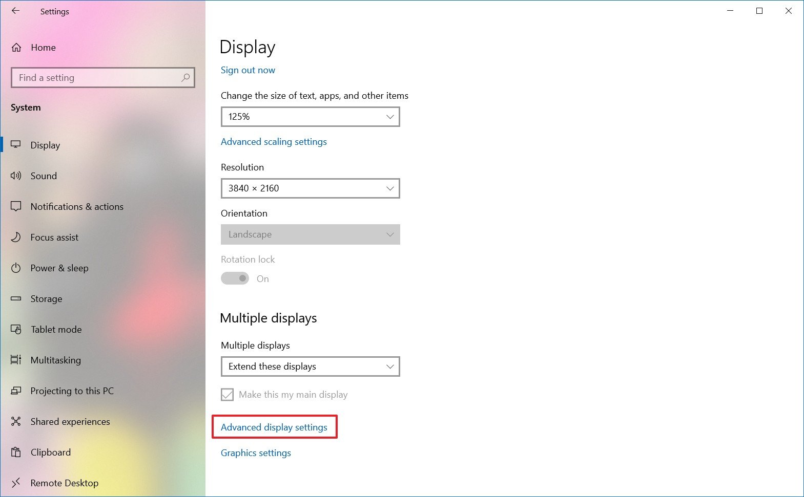 Windows 10 display advanced settings