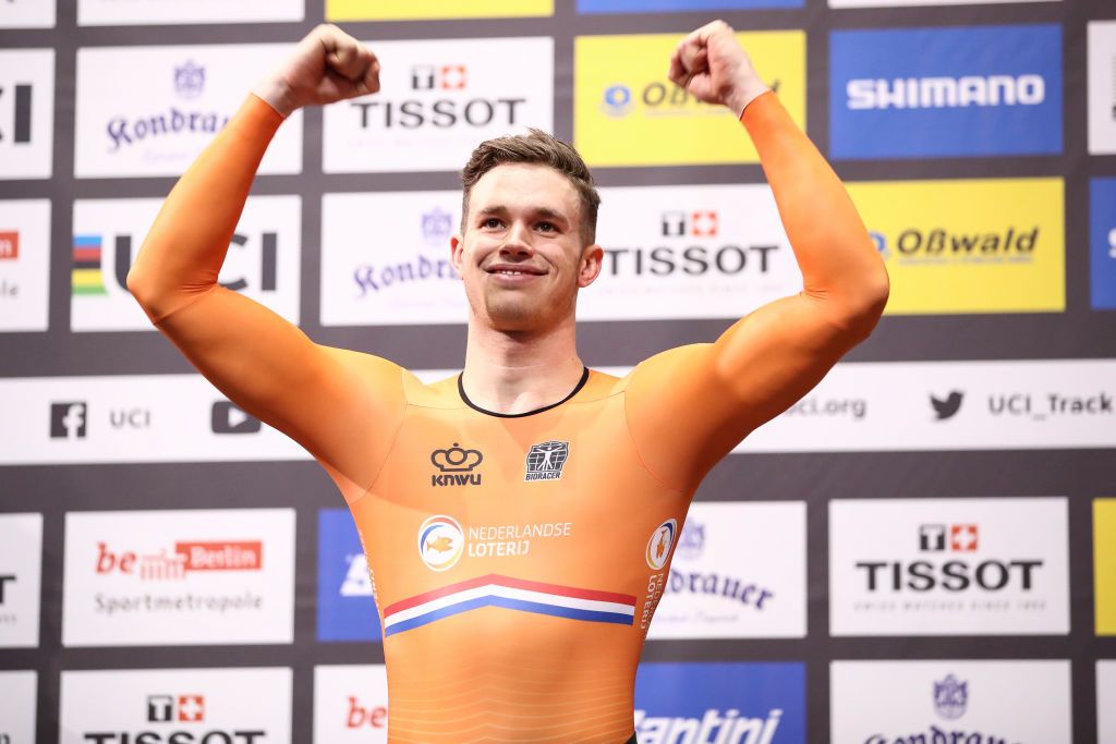 BERLIN GERMANY MARCH 01 Gold medalist Harrie Lavreysen of the Netherlands poses on the podium after the mens sprint final during day 5 of the UCI Track Cycling World Championships Berlin at Velodrom on March 01 2020 in Berlin Germany Photo by Maja HitijGetty Images
