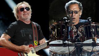 LEFT: Sammy Hagar performs onstage during the 2025 iHeartRadio Music Festival at T-Mobile Arena on September 19, 2025 in Las Vegas. RIGHT: Alex Van Halen of Van Halen performs during the 2015 Billboard Music Awards at MGM Grand Garden Arena on May 17, 2015 in Las Vegas 