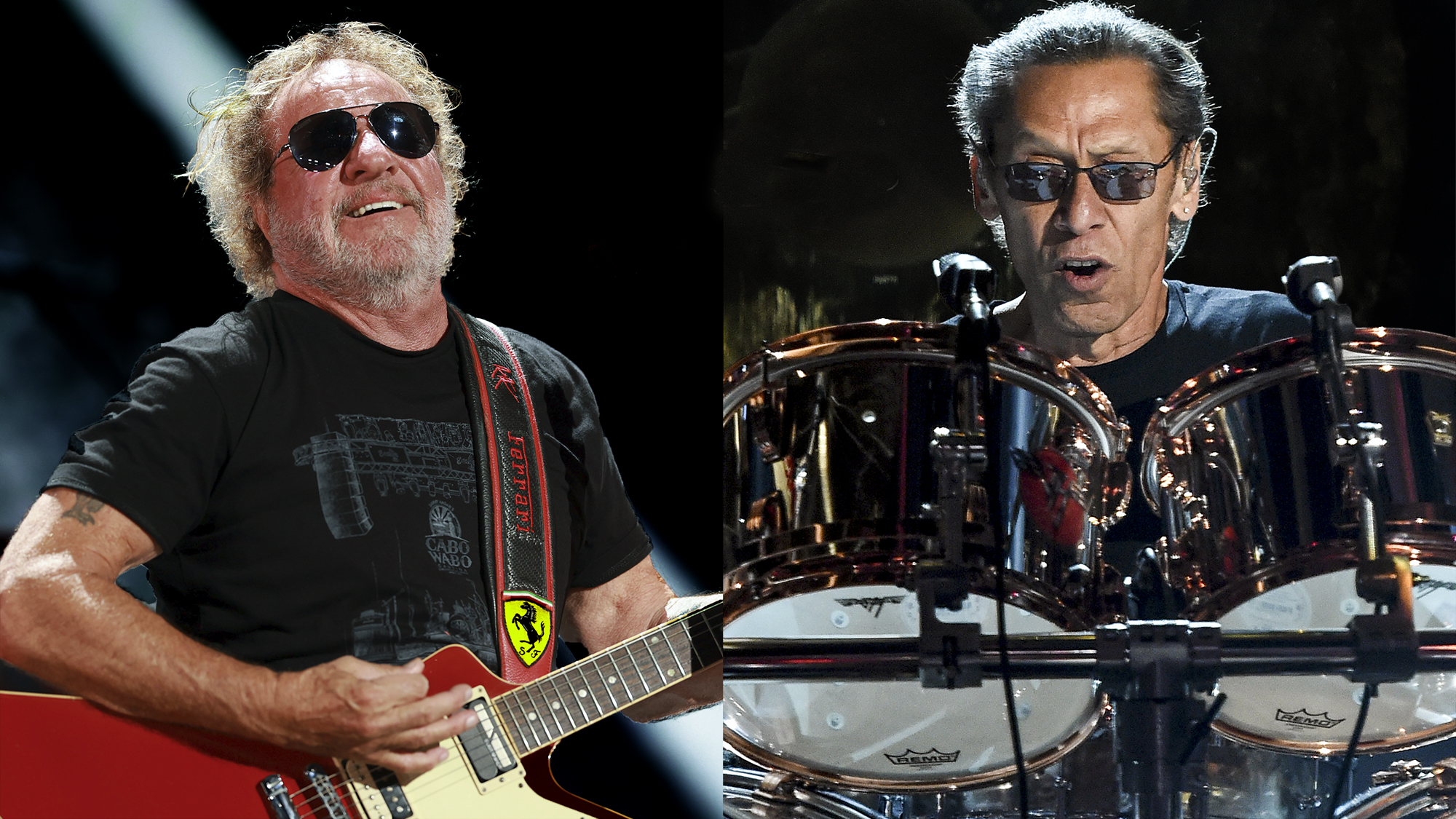 LEFT: Sammy Hagar performs onstage during the 2025 iHeartRadio Music Festival at T-Mobile Arena on September 19, 2025 in Las Vegas. RIGHT: Alex Van Halen of Van Halen performs during the 2015 Billboard Music Awards at MGM Grand Garden Arena on May 17, 2015 in Las Vegas 