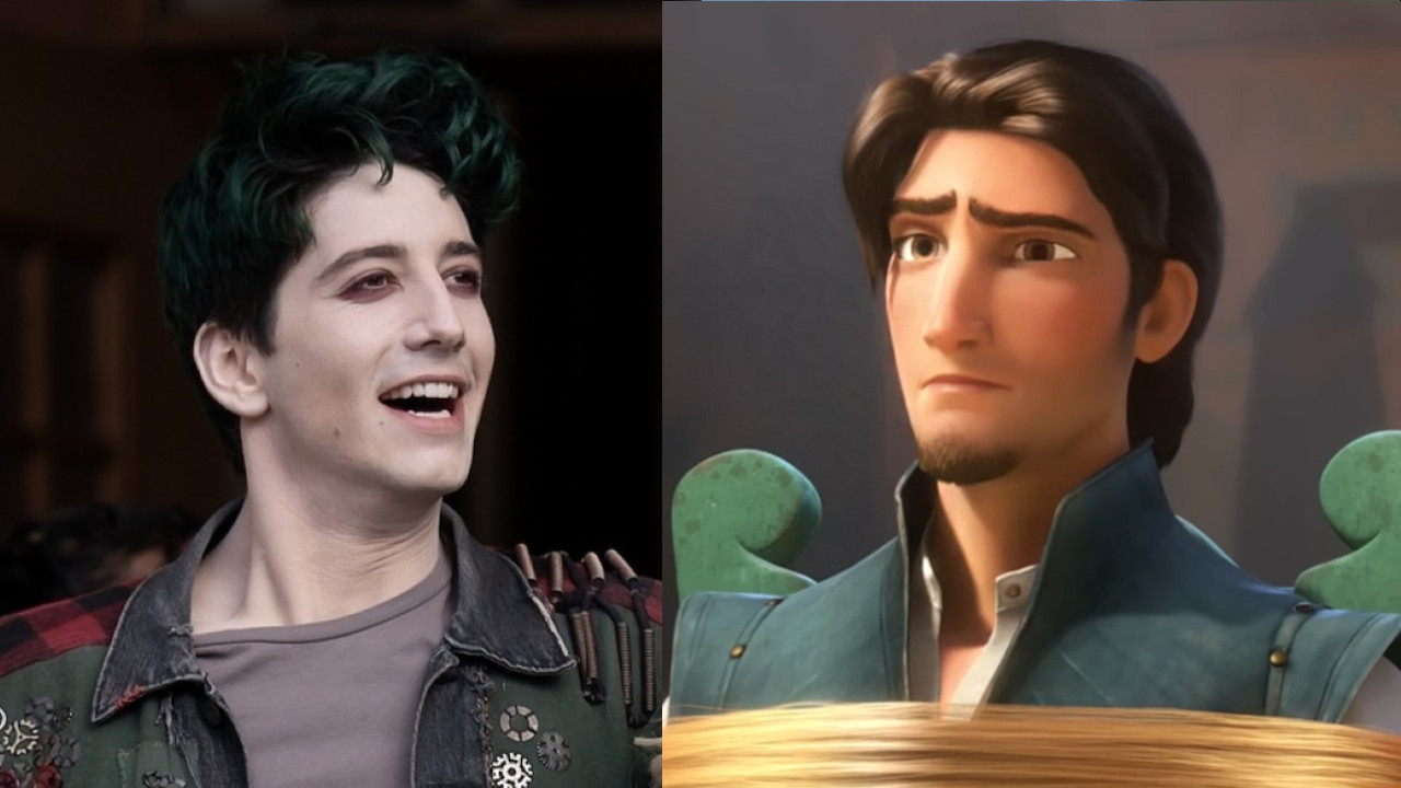 Milo Manheim smiling in Zombies 4/Flynn Rider tied up in Tangled