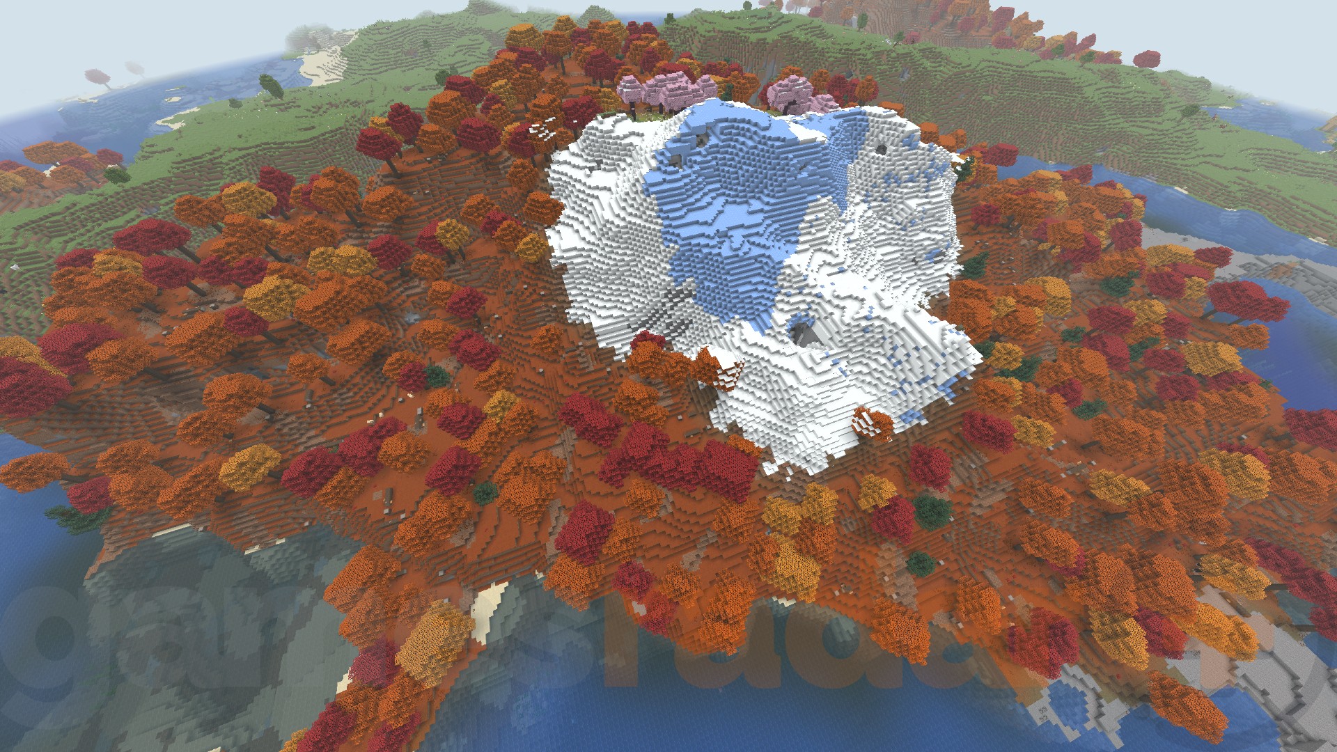 A dappled forest surrounds a snowy peaks biome and a small cherry grove in one of the best Minecraft seeds for 26.3.