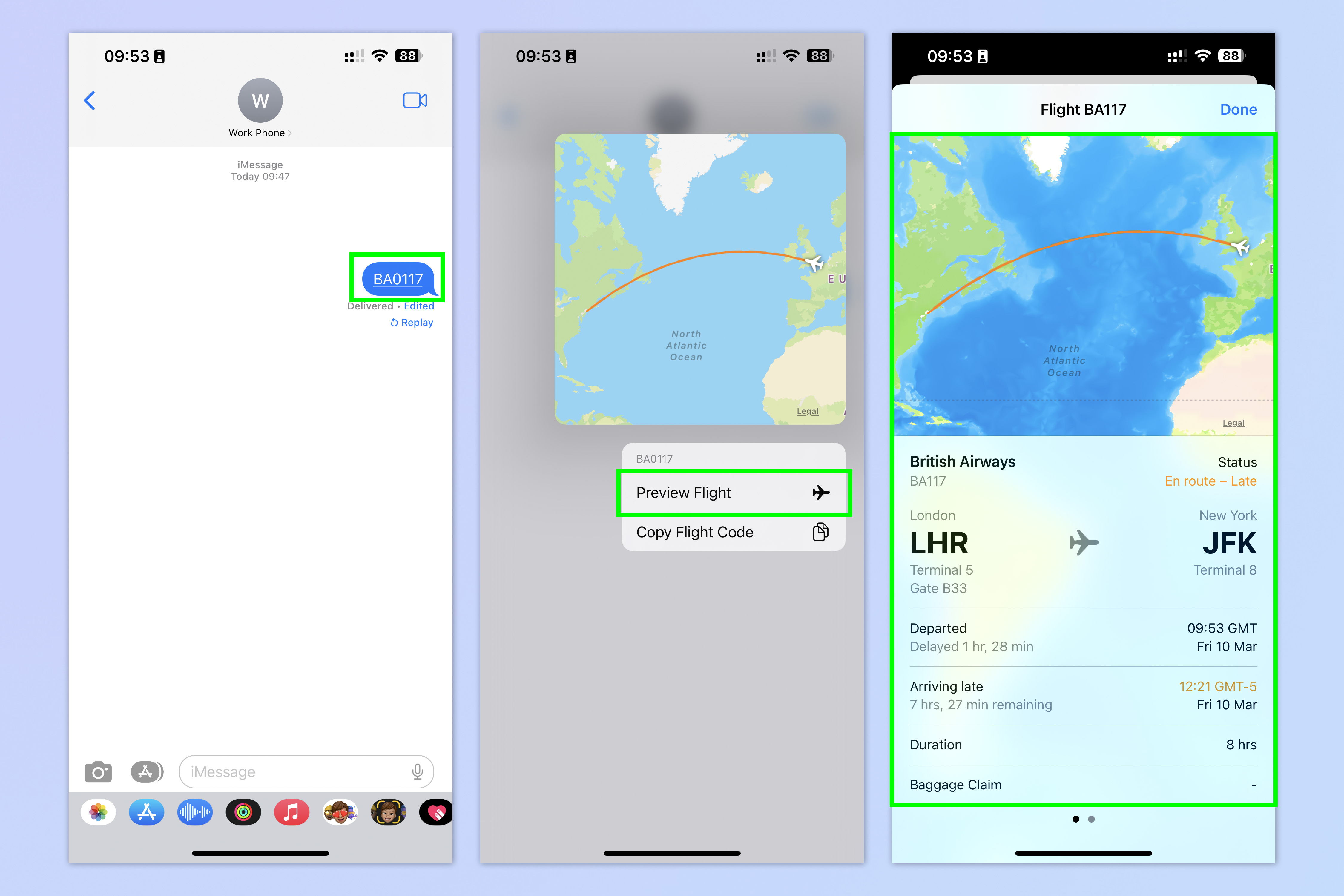 Un captura de pantalla que muestra las funciones ocultas de los mensajes de iOS