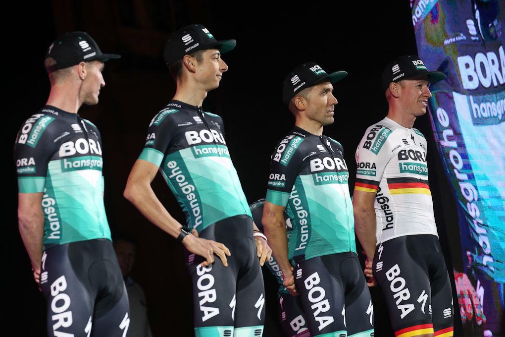 Bora-Hansgrohe on stage at the Giro presentation