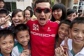 Drapac Professional Cycling's Adam Semple had some admirers in Chengmai prior to the start of stage six.