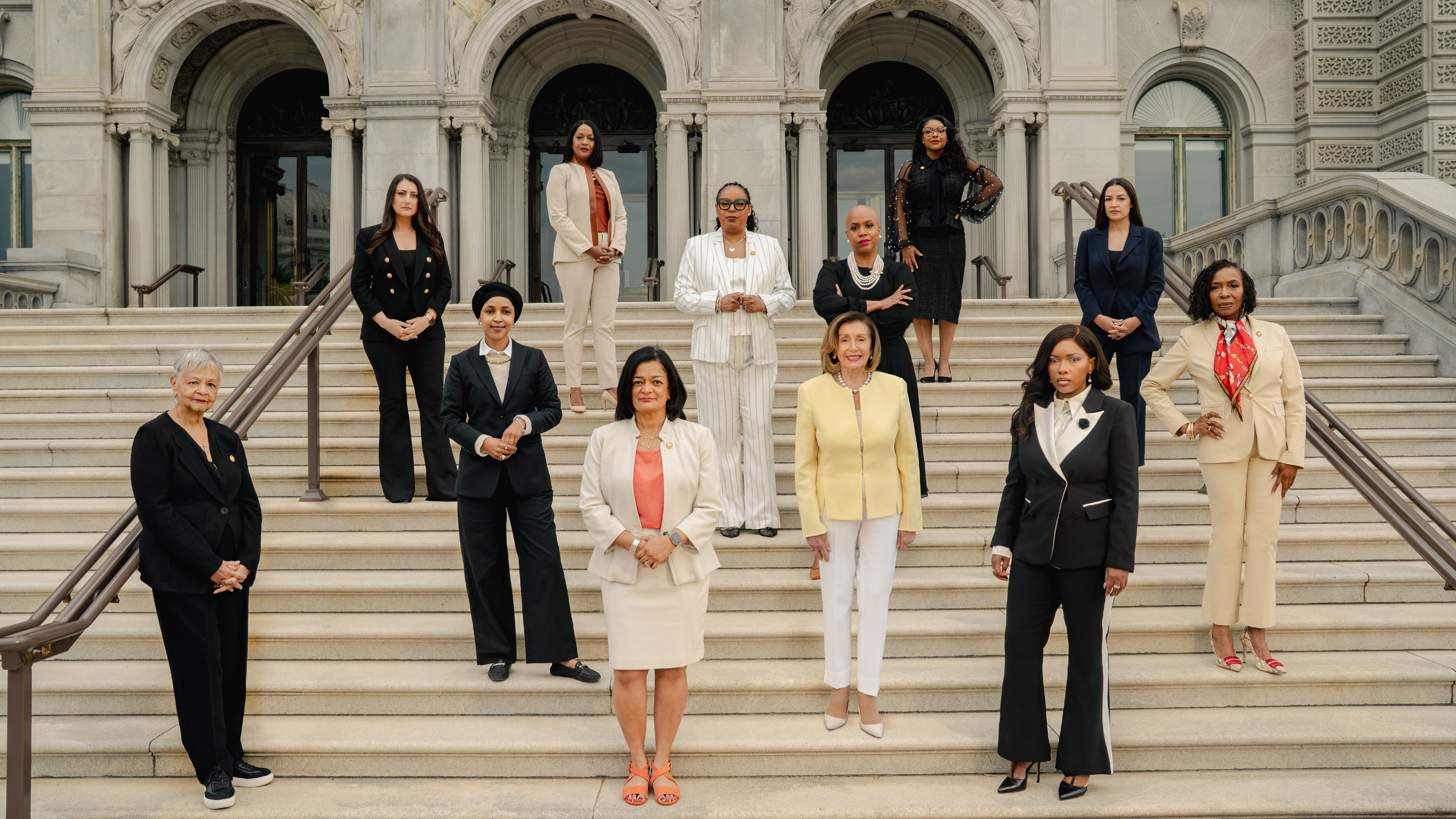 Congresswomen Bonnie Watson Coleman, Ilhan Omar, Pramila Jayapal, LaMonica McIver, Nancy Pelosi, Jasmine Crockett, and Yvette Clarke, Sara Jacobs, Jahana Hayes, Ayanna Pressley, Emilia Sykes, and AOC.