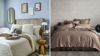 collage of two bedrooms showing soft curved designs from headboard and occassional chair to scalloped bedding to highlight key bedroom trends 2023