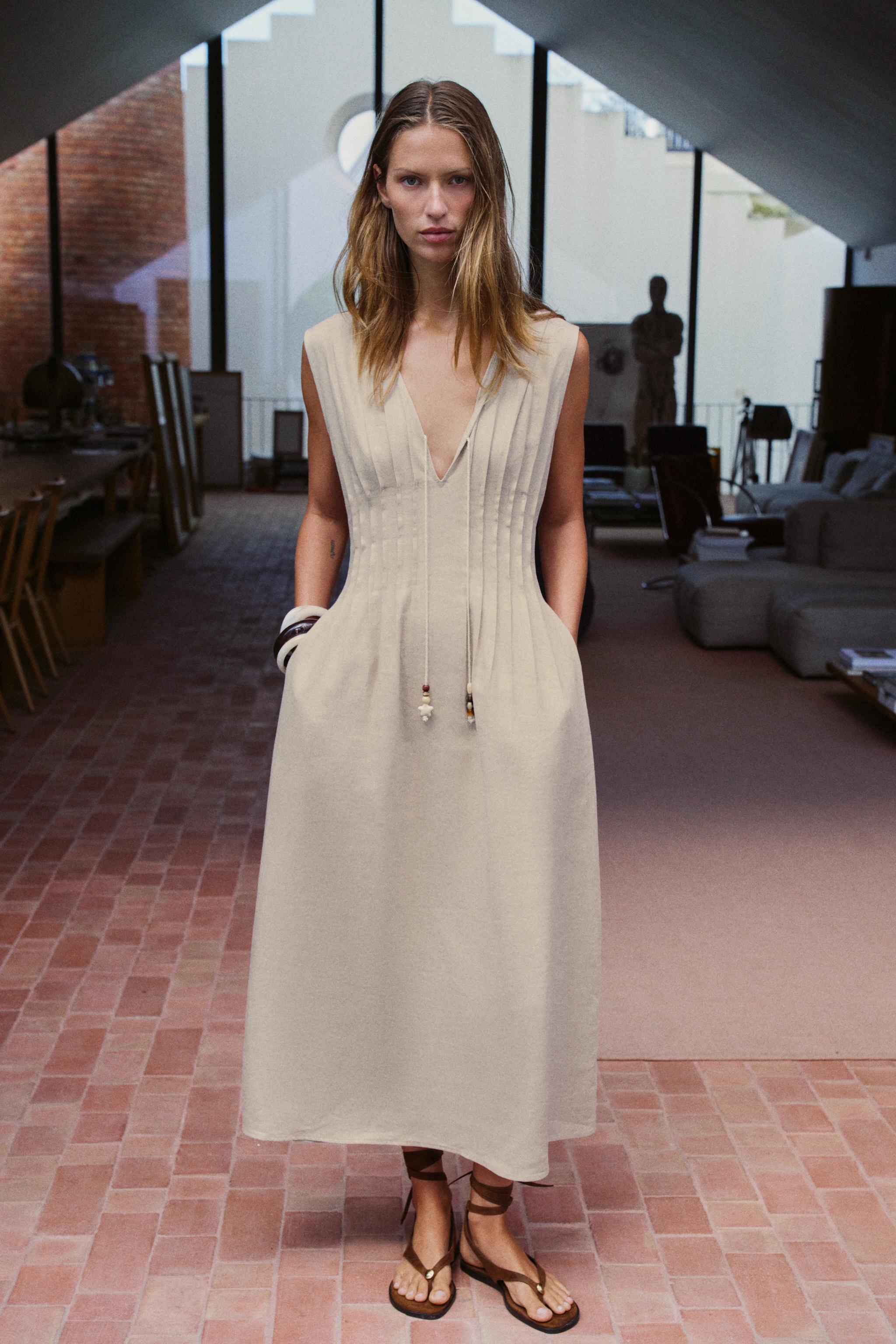 Midi Linen Blend Dress With Tucks