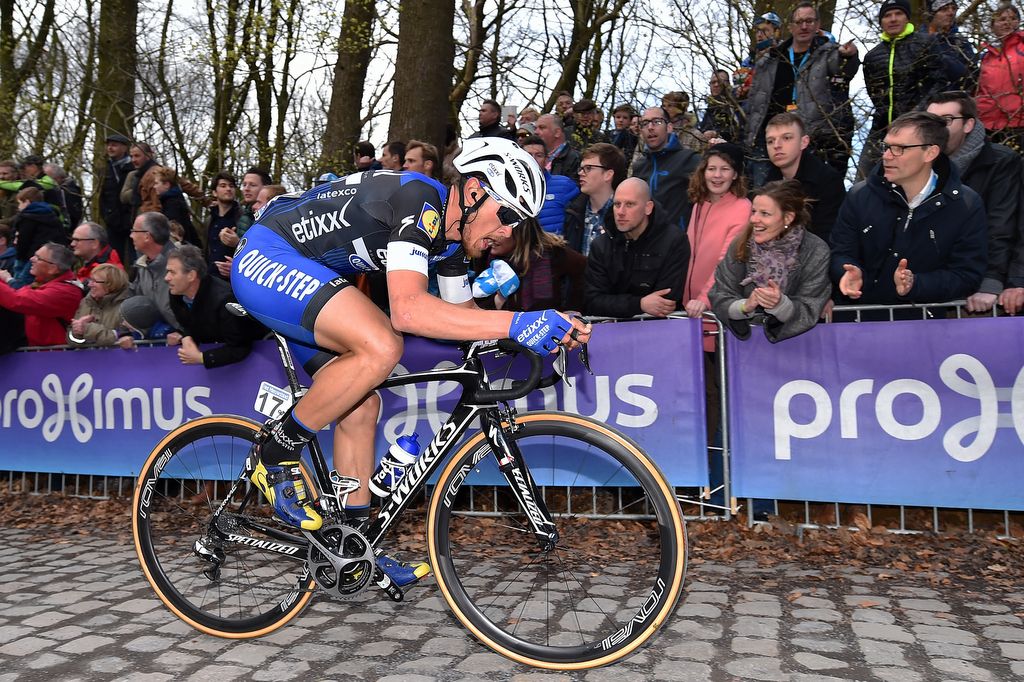 Matteo Trentin (Etixx-QuickStep) riding the Kemmelberg during Gent-Wevelgem