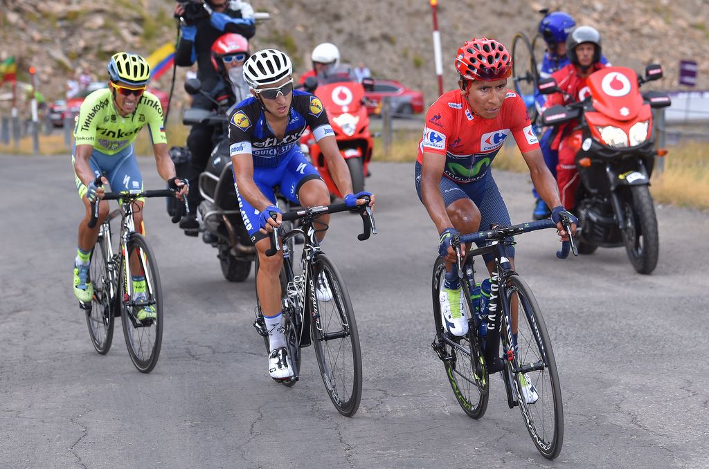 Nairo Quintana, Gianluca Brambilla and Alberto Contador on the climb to Aramon Formigal