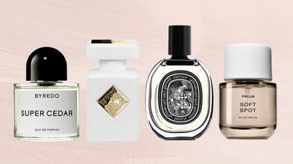 Collage of images of bottles of Byredo Super Cedar, INITIO Parfums Musk Therapy, Diptyque Fleur de Peau and Phlur Soft Spot against a pink watercolour-style background