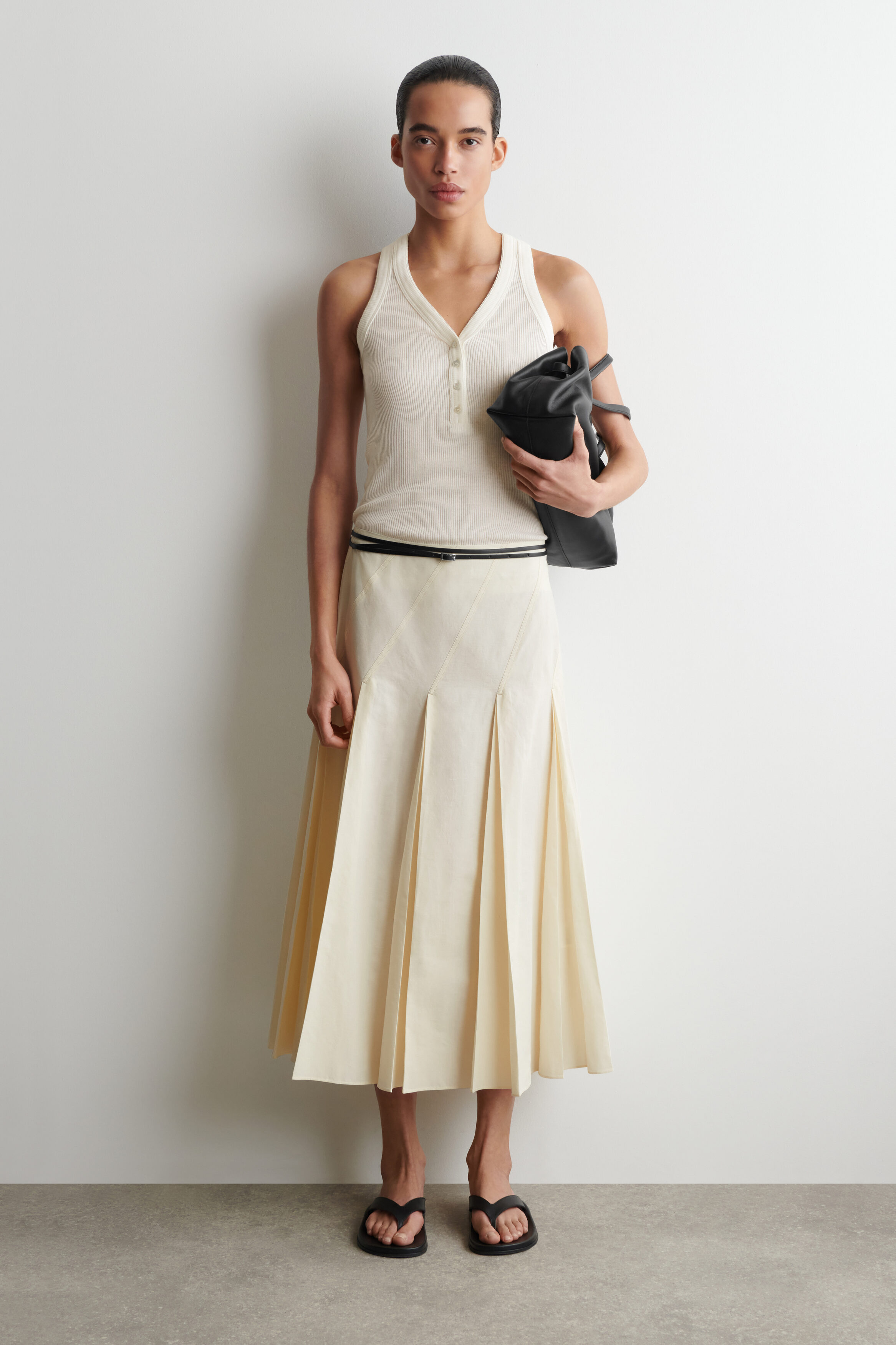 Pleated Cotton-Linen Midi Skirt