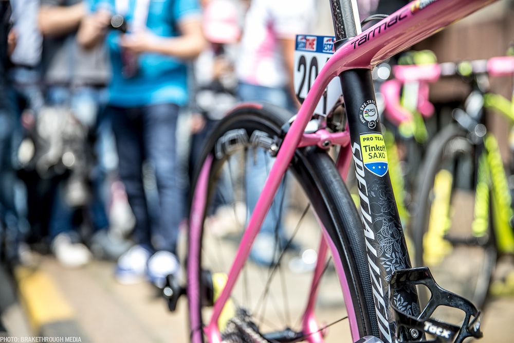 The Tinkoff-Saxo team badge is proudly displayed on the seat tube.