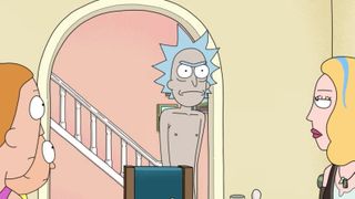 A naked Rick walks into the dining room for Thanksgiving Dinner, while his family is looking at him, in Rick and Morty season 6 episode 3.