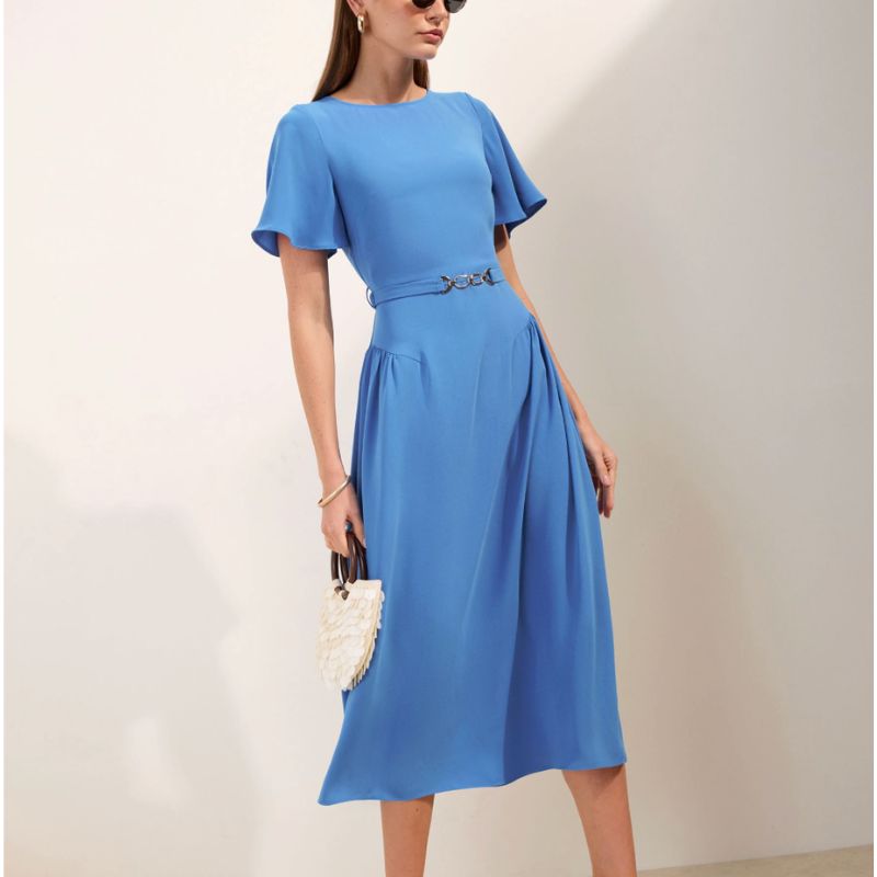 Friends Like These , Blue Belted Flutter Sleeve Midi Dress