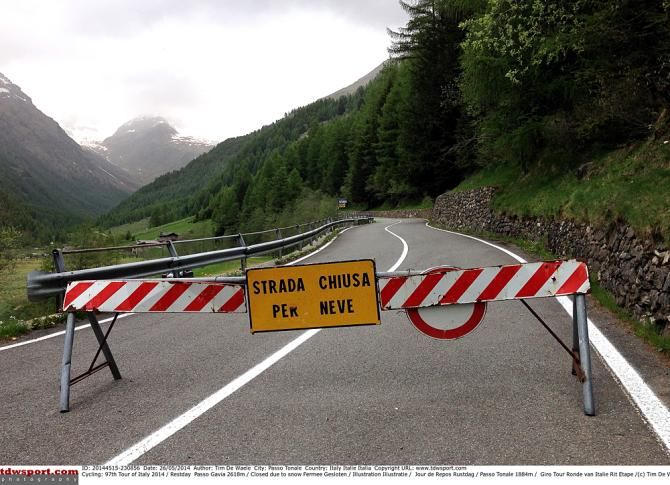 The road is closed for snow, but will be open for the Giro d'Italia's passage
