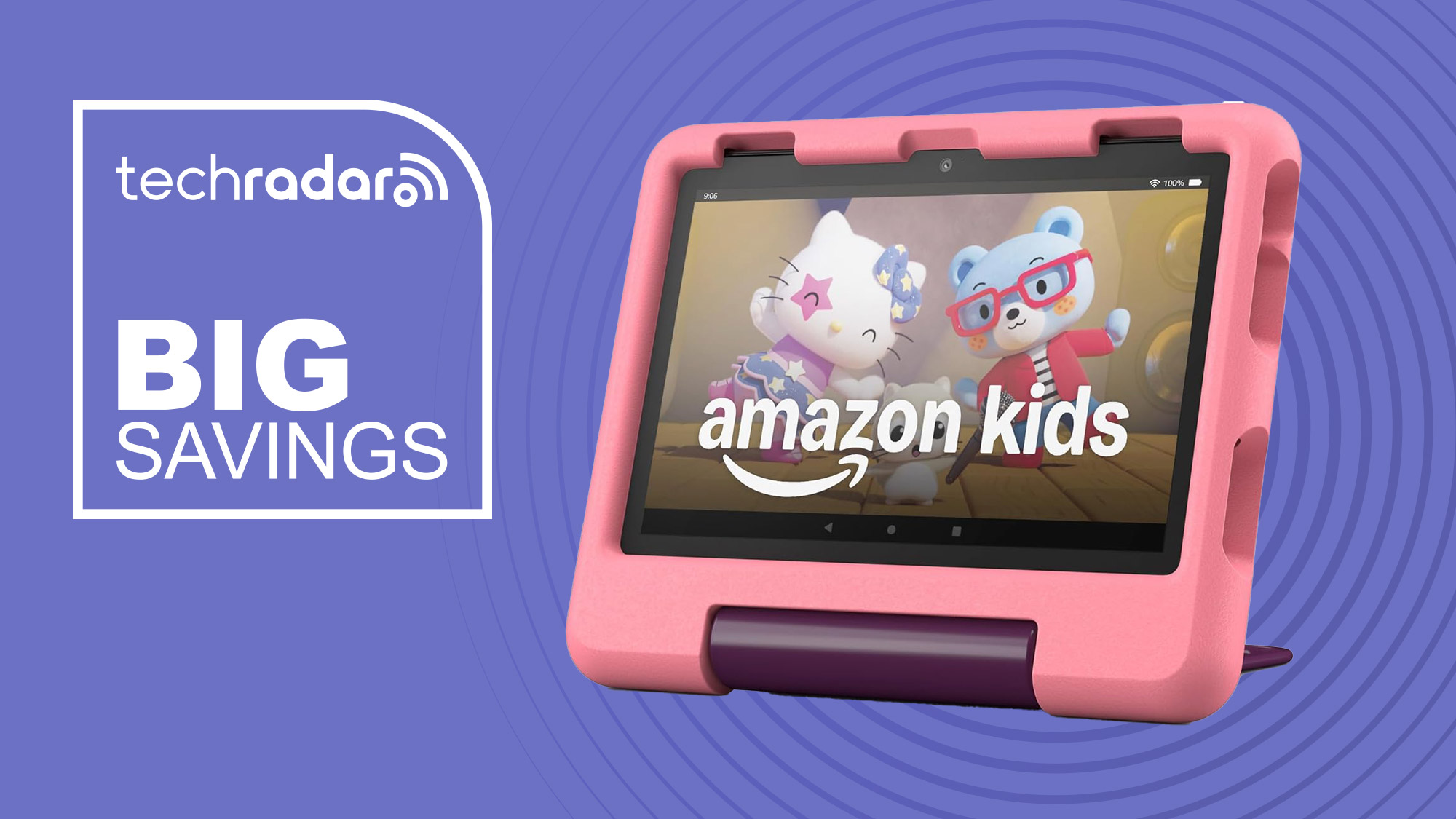 Amazon Fire HD 8 Kids tablet on a purple background next to text &#039;Big savings&#039;