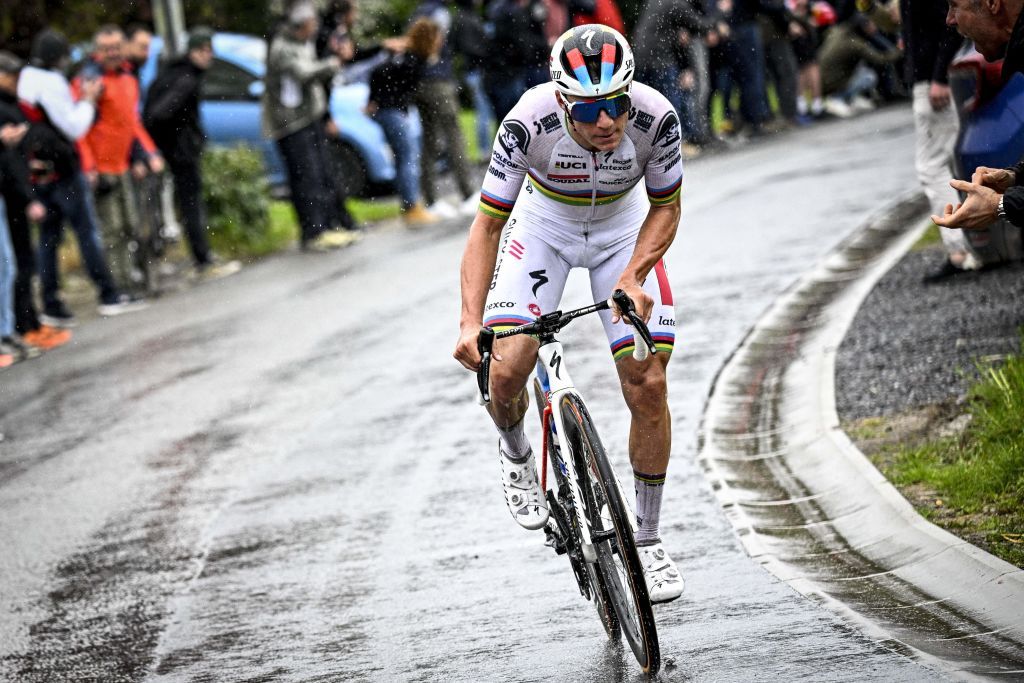 Soudal QuickSteps Belgian rider Remco Evenepoel cycles in a breakaway during the mens elite race of the LiegeBastogneLiege one day cycling event 2585 km roundtrip from Liege via Bastogne on April 23 2023 Photo by JASPER JACOBS Belga AFP Belgium OUT Photo by JASPER JACOBSBelgaAFP via Getty Images