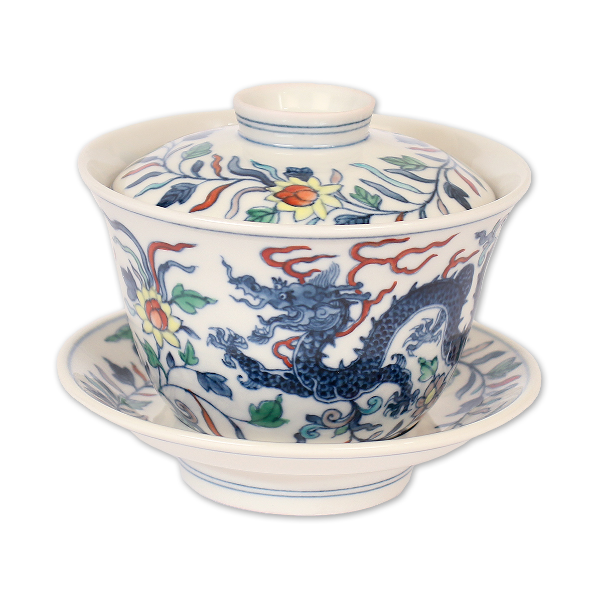 A doucai dragon motif tea cup with a lid and saucer