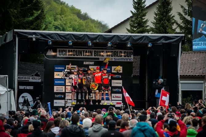 Men's podium in Albstadt World Cup: Maxime Marotte, Sergio Mantecon, Jaroslav Kulhavy, Lukas Flueckiger
