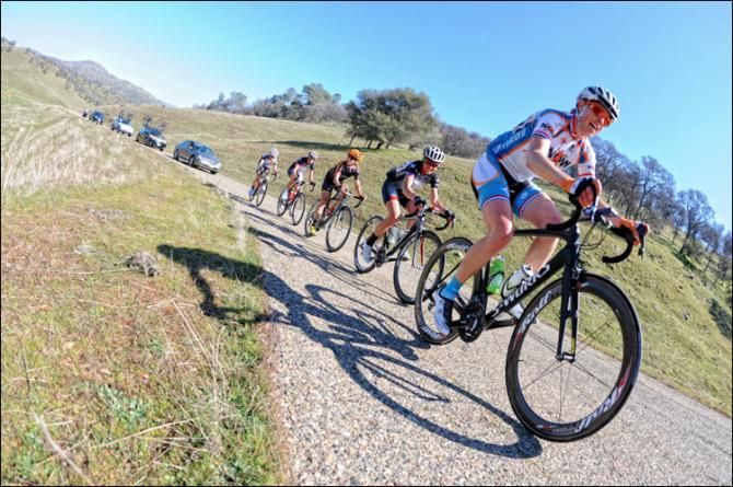 The women's break approaching the KOM on the final lap