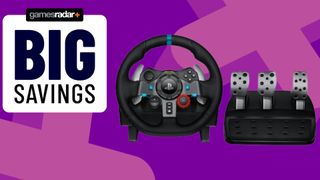 Image of the Logitech G29 Driving Force Racing Wheel with a purple background.