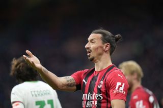 AC Milan’s Zlatan Ibrahimovic gestures during a match