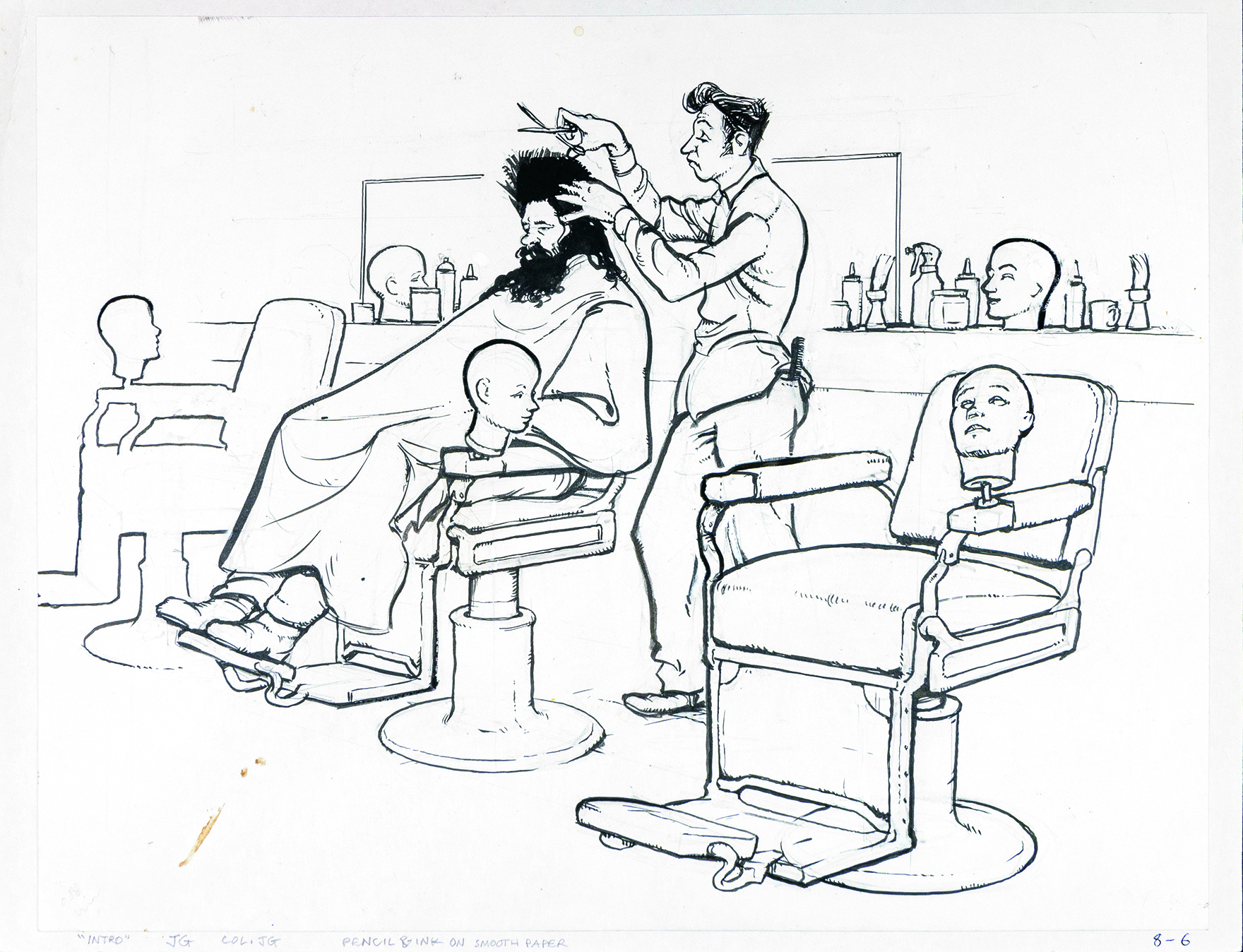 Absurd art; a man getting a hair cut