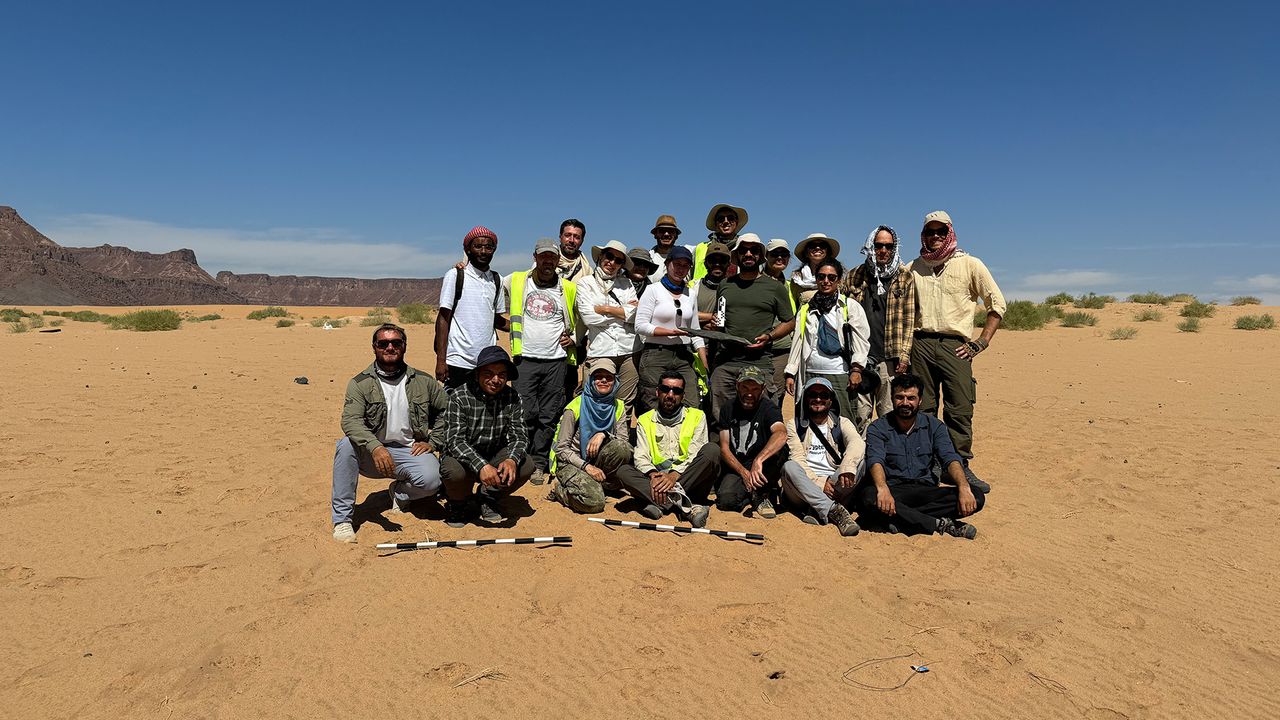 Group of researchers in archaeological site in Saudi Arabia.