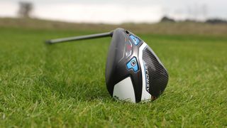 Cobra Aerojet LS Driver resting on the golf course showing off its black white and blue clubhead