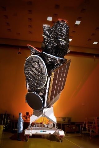 The ABS-2 telecommunications satellite built by Space Systems/Loral for Asia Broadcast Satellite is seen before launch. A European Ariane 5 rocket launched the satellite into orbit on Feb. 6, 2014 from the Guiana Space Center in Kourou, French Guiana.