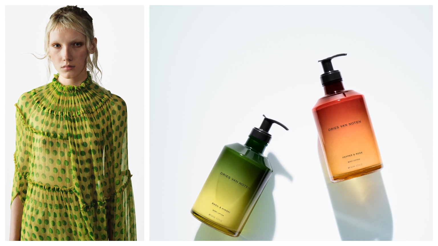 A collage of Dries Van Noten body care products and a model.