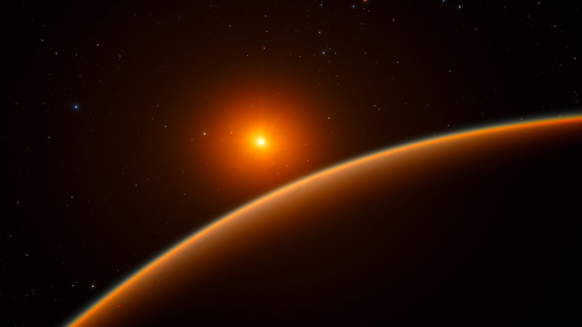 artist&#039;s illustration of the limb of a brownish exoplanet, with its small orange host star in the background.