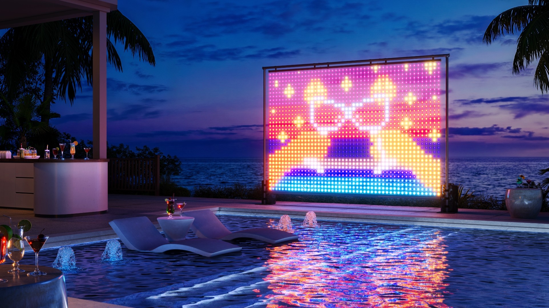 The Govee Lightwall set up outside next to a pool