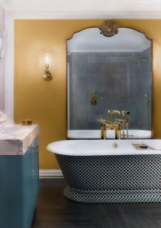 Bathroom ideas showing a bath wrapped in a woven fabric