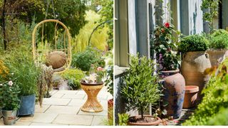 collage of two Mediterranean garden ideas with terracotta pots and lime patio slabs