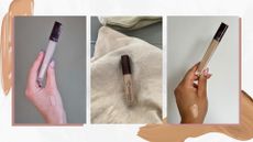 On the left, is a close-up of Digital Beauty Writer, Naomi Jamieson's hand holding the Hourglass concealer and in the middle, is a picture of the travel-size version, pictured of Digital Beauty Editor, Fiona McKim's makeup bag and on the right, is a picture of Digital Beauty Ecom Editor, Aleesha Badkar holding her Hourglass concealer, with a swatch of the product visible on her hand/ all featured in a white template with concealer makeup swatches