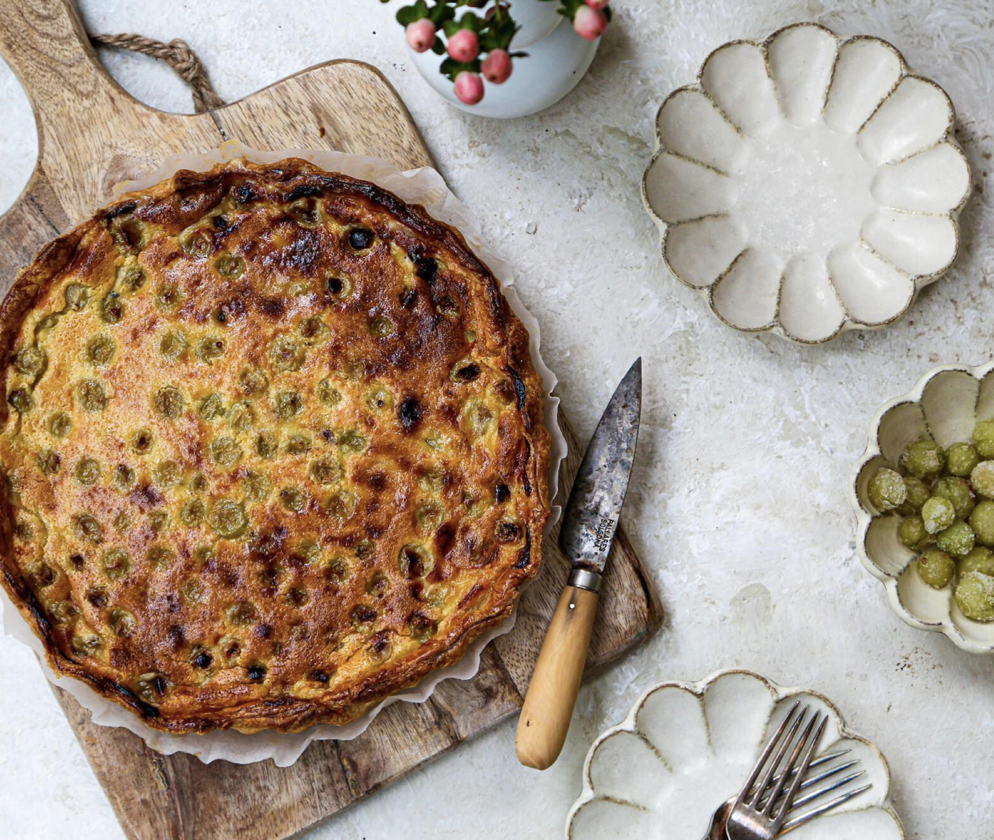 Gooseberry and ginger custard tart with gooseberry and elderflower sorbet.