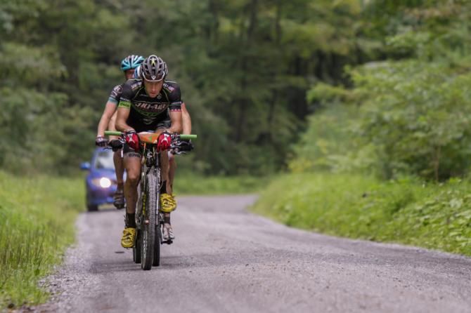 Along the 18-mile fire road section to checkpoint five, Bishop, front, was joined by King, back left, as well as Baker and National Ultra Endurance Series Points Leader Christian Tanguy (Team CF), both obscured behind Bishop. Working together, the group increased its lead over the rest of the field