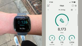 Grace Walsh testing Fitbit Versa 4 on a run and screenshot of daily stats in the Fitbit app