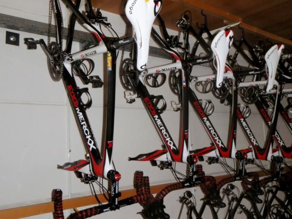 Tom Boonen and Sylvain Chavanel's bikes hang side-by-side at the Service Course.
