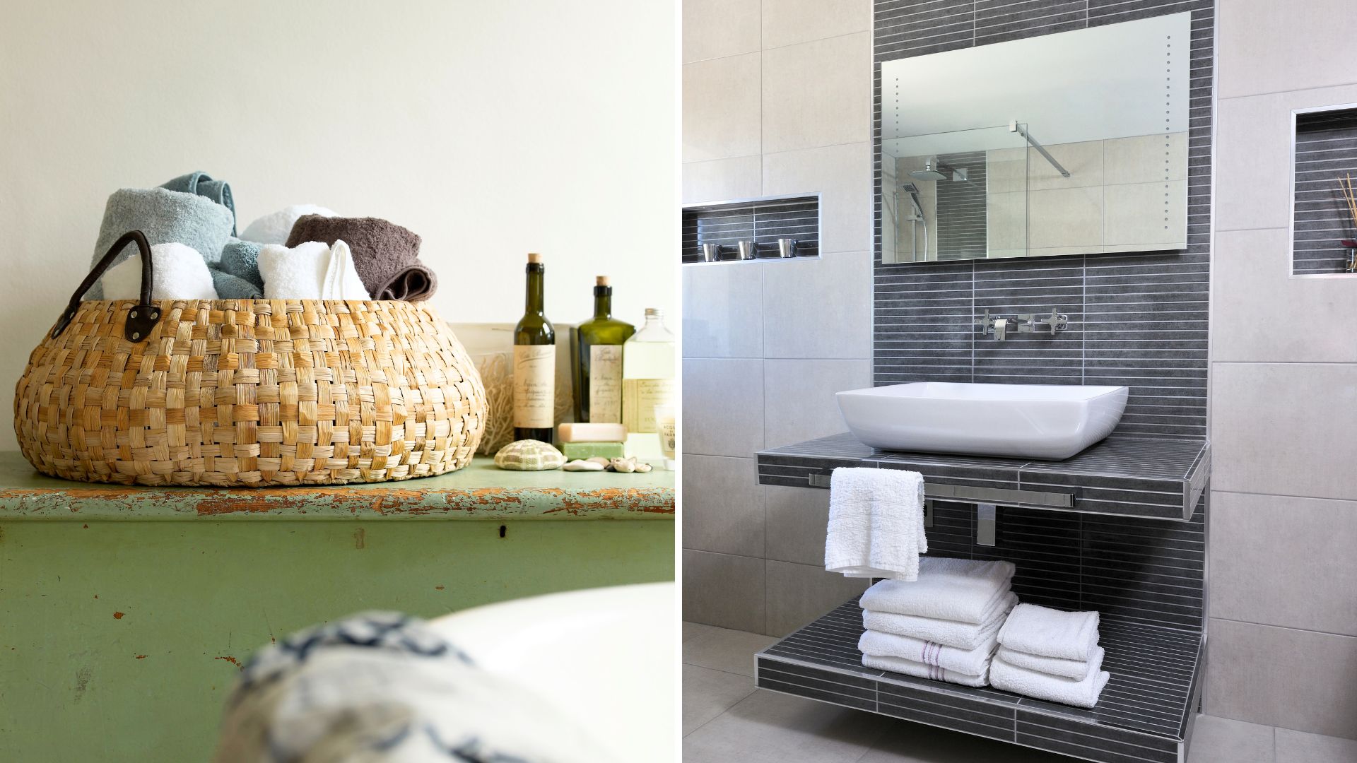 Basket filled with rolled towels and a sink vanity unit with exposed piles of towels