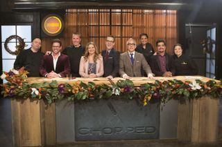 Left to right: Chris Santos, Scott Conant, Marc Murphy, Amanda Freitag, Ted Allen Geoffrey Zakarian, Maneet Chauhan, Aaron Sanchez, and Alex Guarnaschelli.