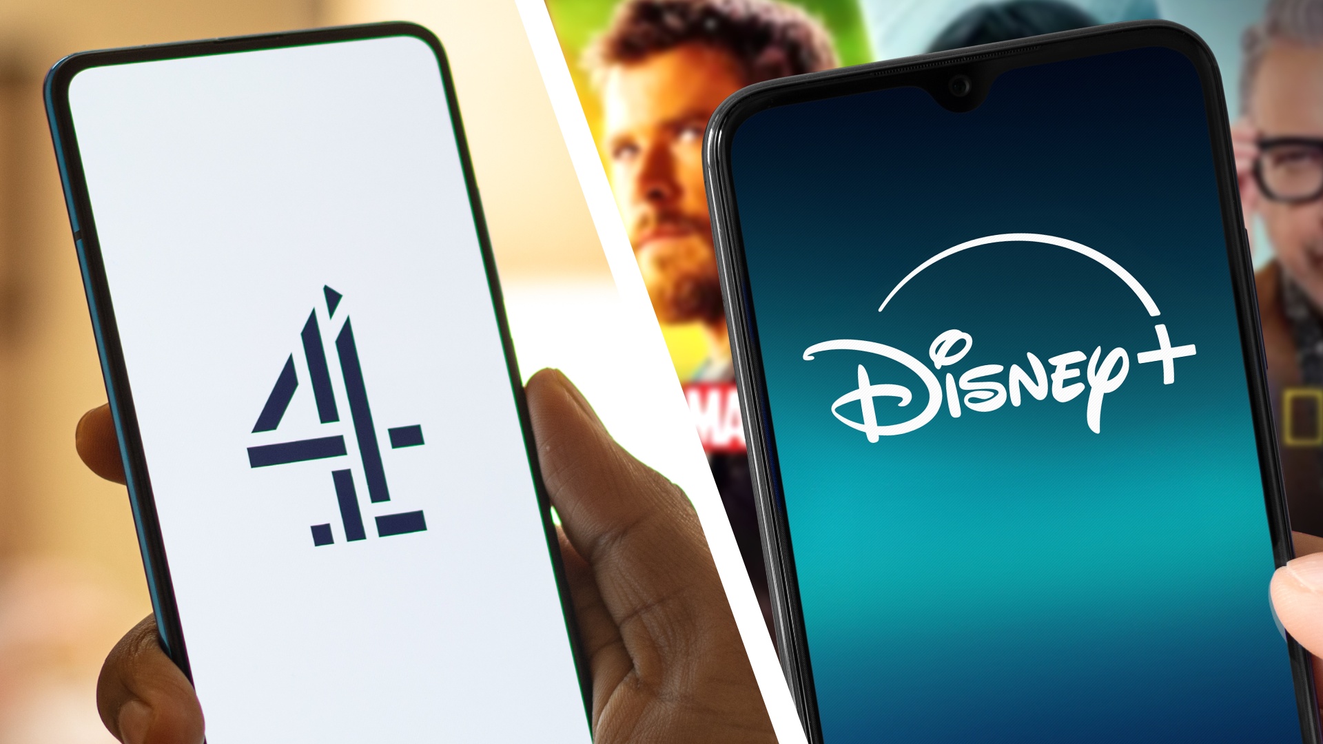 Smartphone with new Disney Plus logo with Disney Plus content on background and Channel 4 tv logo on phone screen