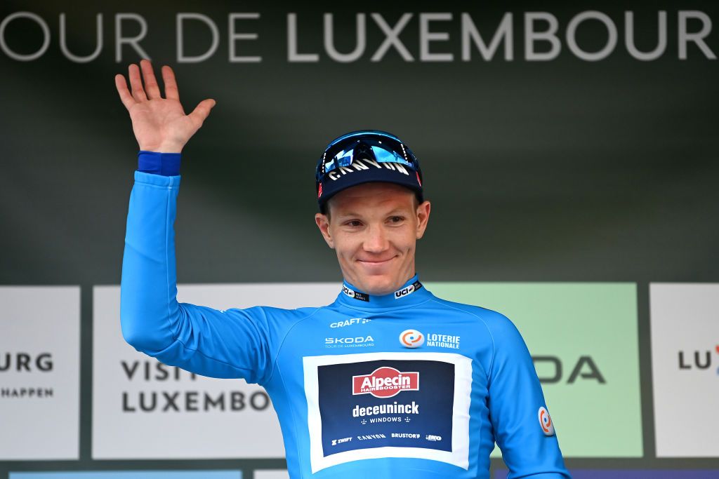 MAMER LUXEMBOURG SEPTEMBER 21 Soren Kragh Andersen of Denmark and Team AlpecinDeceuninck celebrates at podium as Blue Points Jersey winner during the 83rd Skoda Tour Luxembourg 2023 Stage 2 a 1839km stage from MondorflesBains to Mamer UCIWT on September 21 2023 in Mamer Luxembourg Photo by Tim de WaeleGetty Images