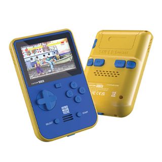 Best retro game consoles; a small blue and yellow retro game handheld