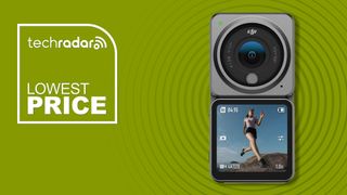 DJI Action 2 camera on green background with lowest price text